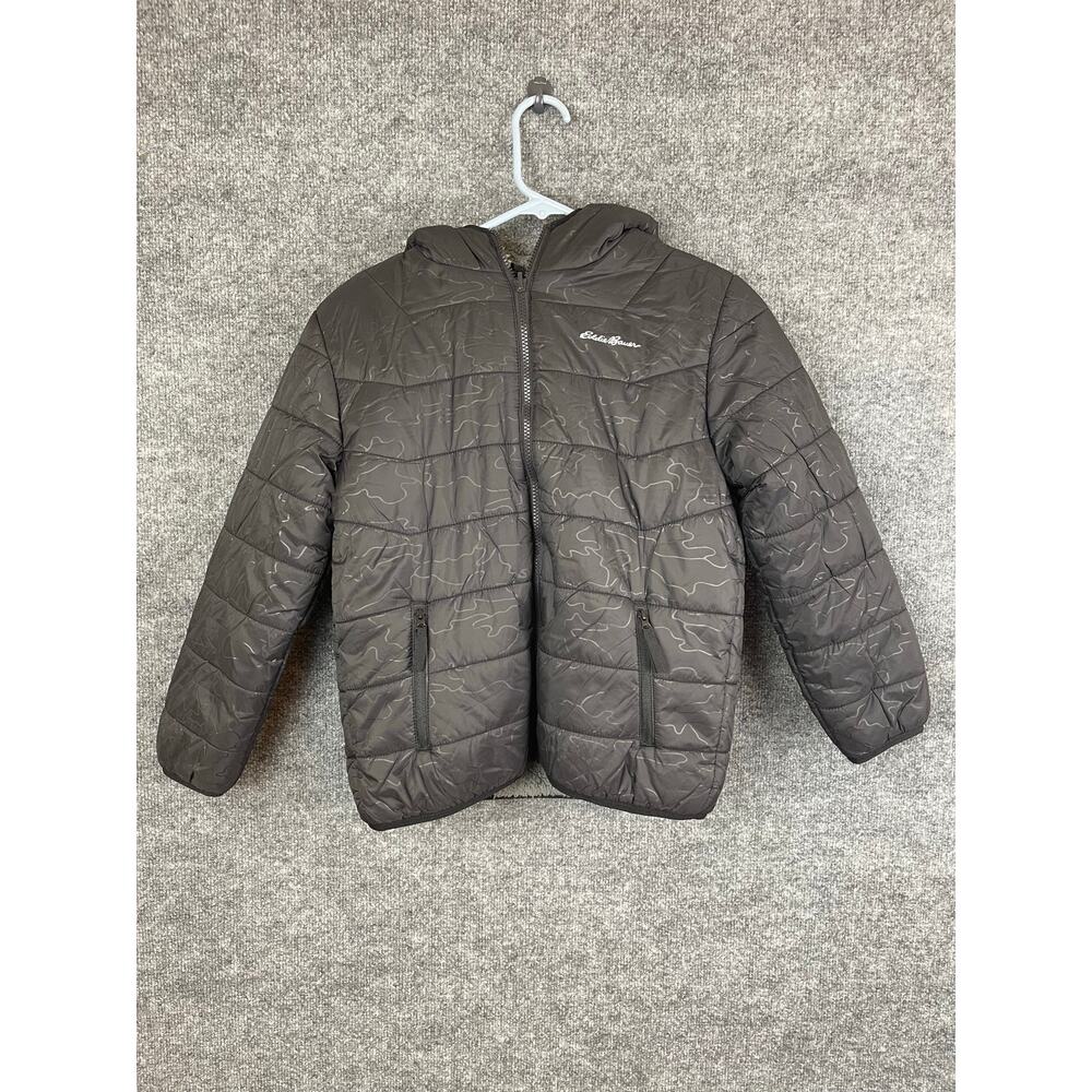 Eddie Bauer Kids Puffer Jacket Medium 10/12 Black Gray Faux Fur Reversible Side